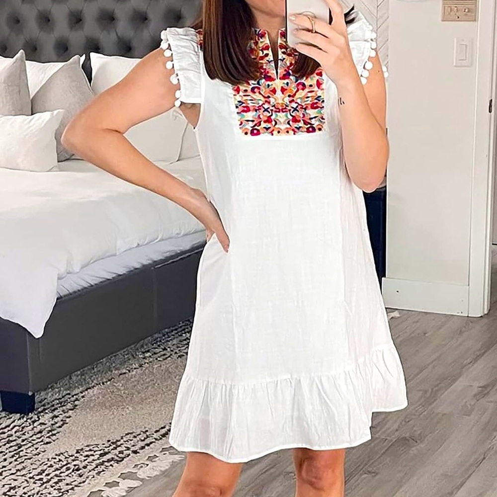 Mini Dress Casual V Neck Floral Embroidered
